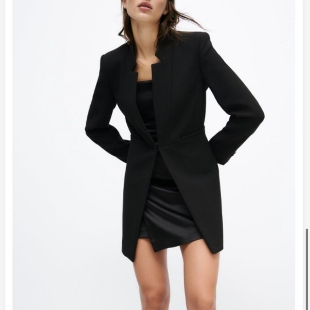NWT ZARA WOMEN INVERTED LAPEL FROCK COAT LONG BLAZER BLACK Size S - Picture 6 of 16